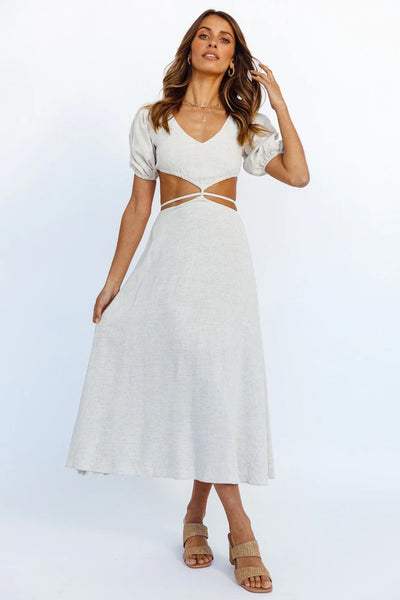 Beige Cutout Waist Midi Dress