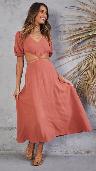 Brown Cutout Waist Midi Dress