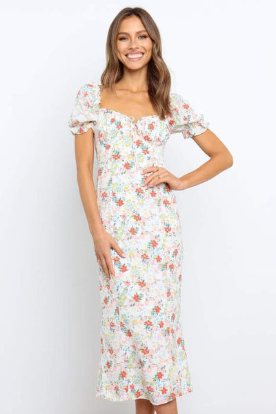 White Floral Pencil Midi Dress