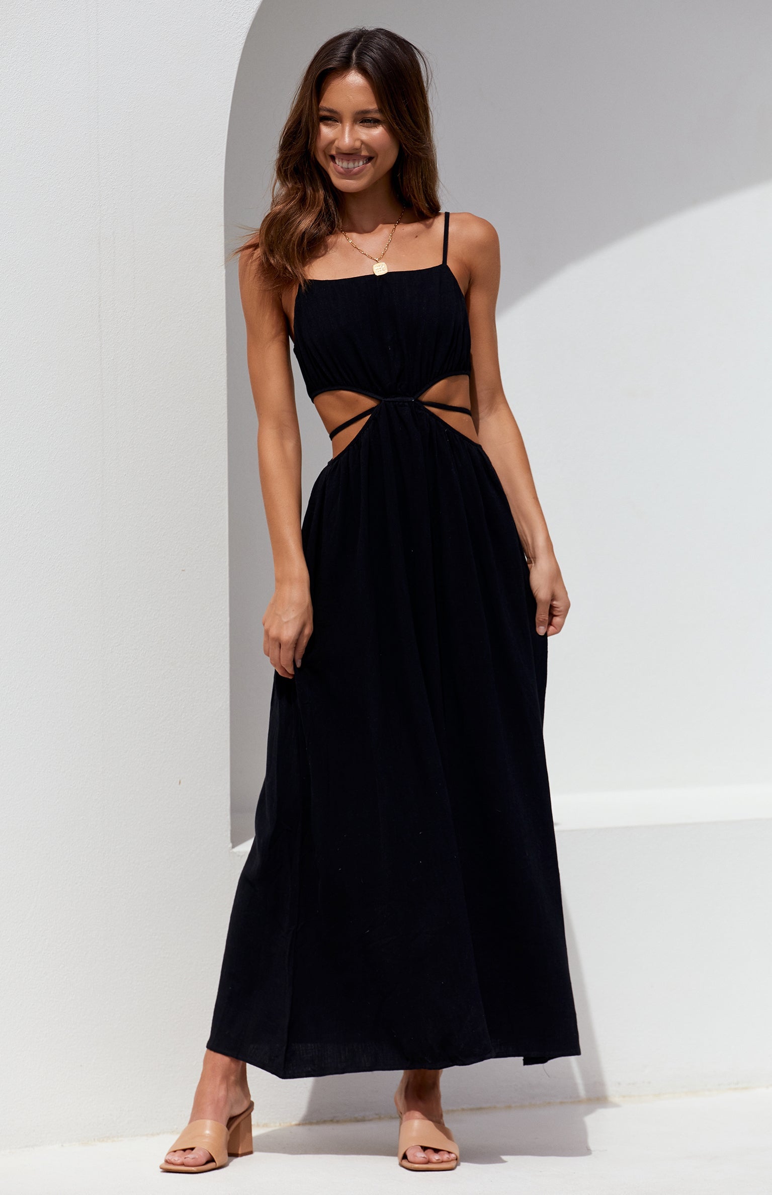 Black Minimal Cutout Waist Midi Dress
