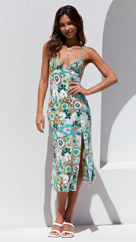 Green Ethnic Floral Backless Midi Dress