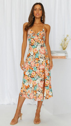 Orange Ethnic Floral Backless Midi Dress