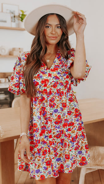 Red Rose Print Mini Dress