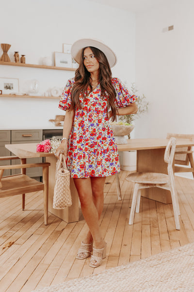 Red Rose Print Mini Dress