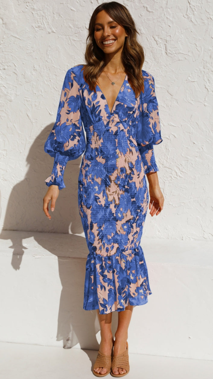 Blue Floral Long Sleeves Bodycon Midi Dress