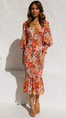 Orange Floral Long Sleeves Bodycon Midi Dress