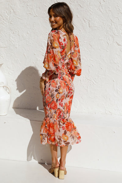 Orange Floral Long Sleeves Bodycon Midi Dress