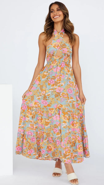 Tribal Floral Crossover Midi Dress