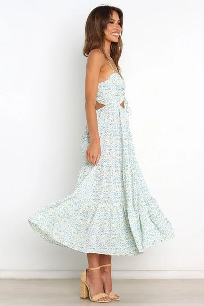 Light Blue Floral Backless Midi Dress