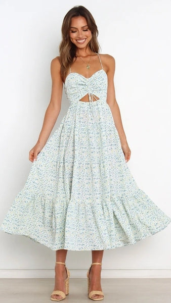 Light Blue Floral Backless Midi Dress