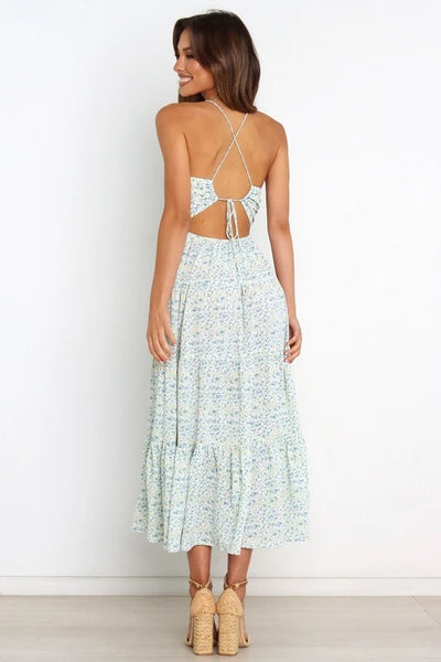 Light Blue Floral Backless Midi Dress