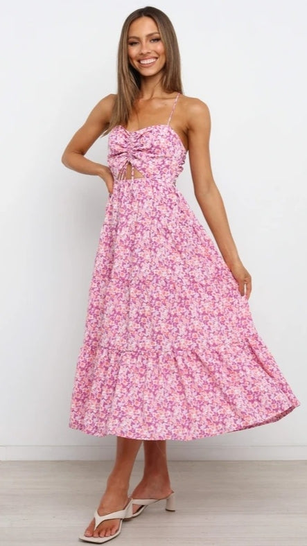 Pink Floral Backless Midi Dress