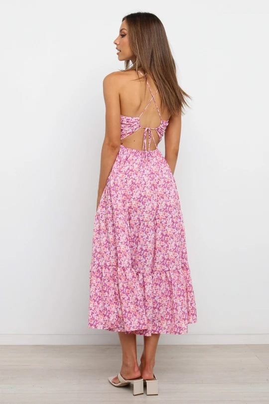 Pink Floral Backless Midi Dress
