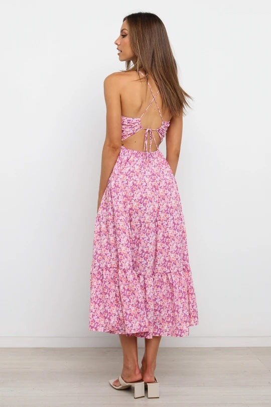 floral backless midi dress Sahalia Black Floral Satin Backless Midi Dress
