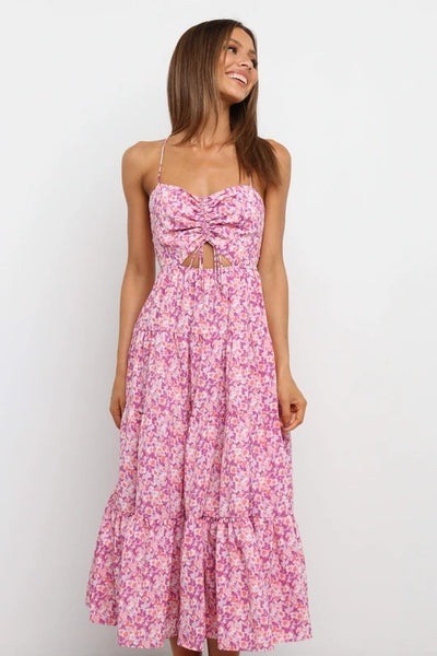 Pink Floral Backless Midi Dress