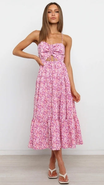 Pink Floral Backless Midi Dress