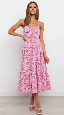 Pink Floral Backless Midi Dress