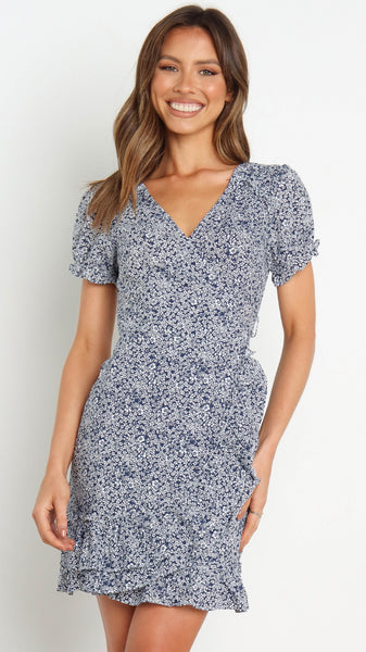 Navy Floral Surplice Waist Tie Mini Dress