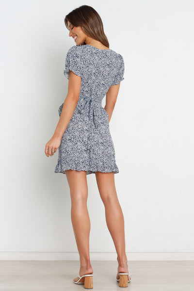 Navy Floral Surplice Waist Tie Mini Dress