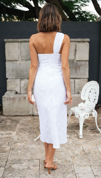 White One Shoulder Waist Knot Midi Dress