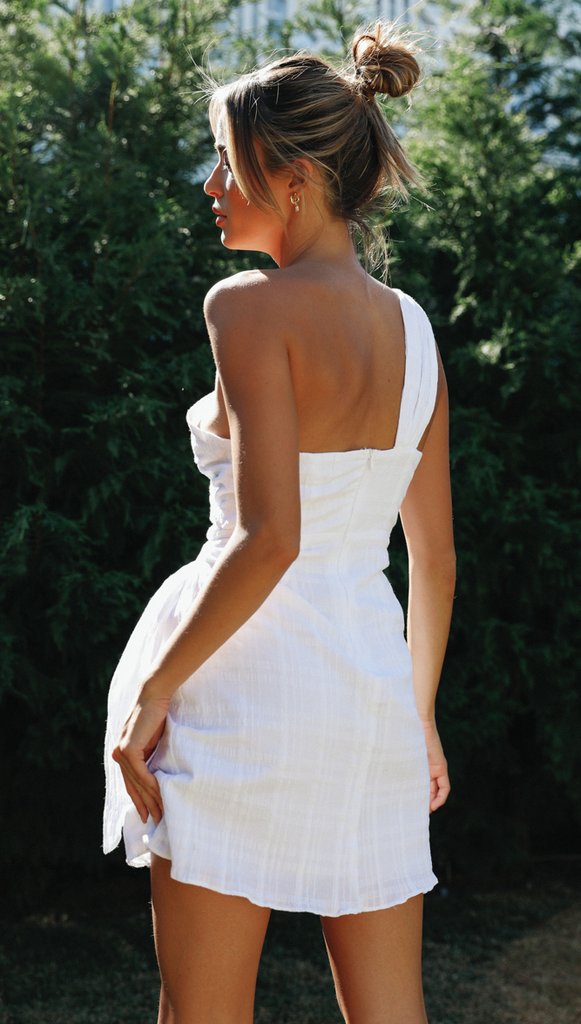 White One Shoulder Waist Tie Mini Dress