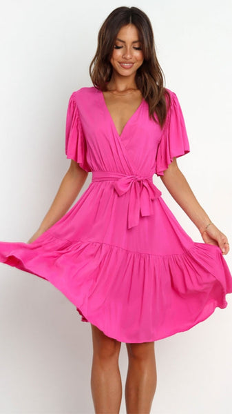 Hot Pink Waist Tie Surplice Dress