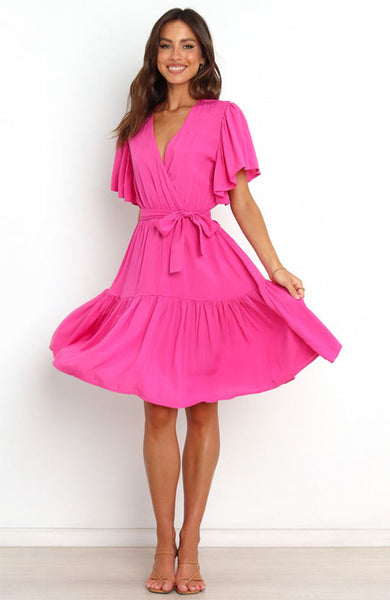 Hot Pink Waist Tie Surplice Dress