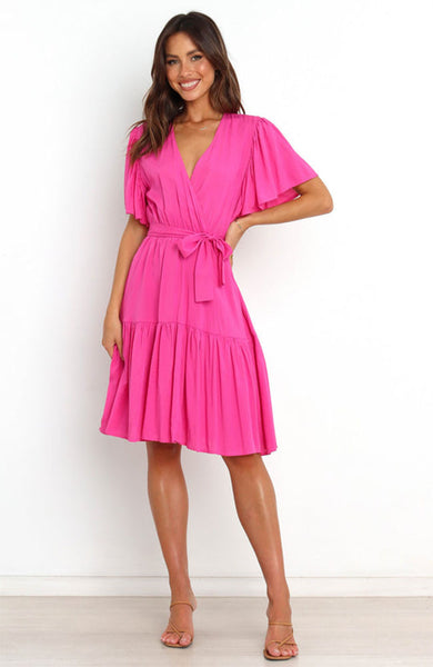 Hot Pink Waist Tie Surplice Dress