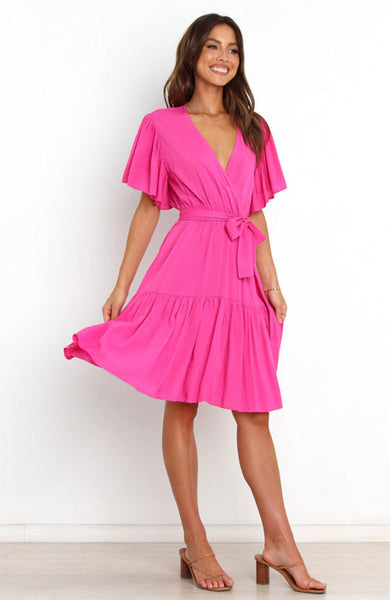 Hot Pink Waist Tie Surplice Dress