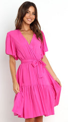 Hot Pink Waist Tie Surplice Dress