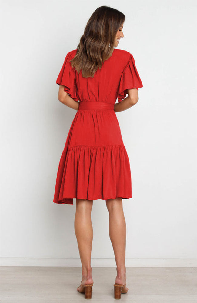 Red Waist Tie Surplice Dress