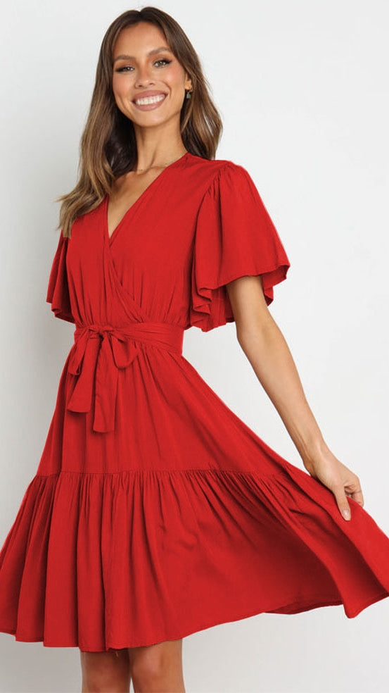 Red Waist Tie Surplice Dress
