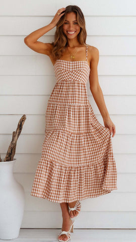 Coffee Plaid Backless Midi Dress