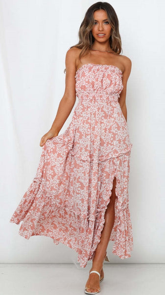 Pink Floral Off Shoulder Midi Dress