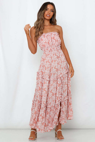 Pink Floral Off Shoulder Midi Dress