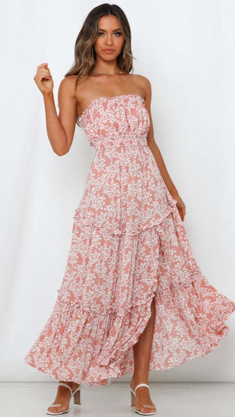 Pink Floral Off Shoulder Midi Dress