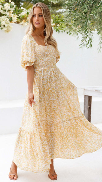 Yellow Floral Smocked Midi Dress