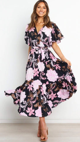 Black Floral Waist Tie Midi Dress