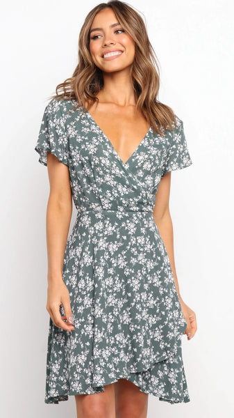 Olive Green Floral Waist Tie Dress