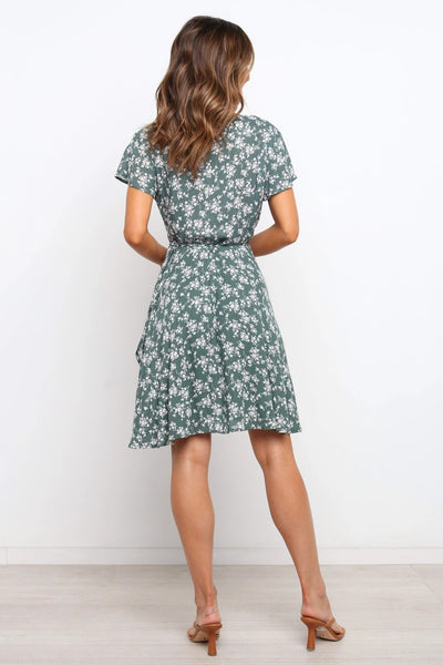 Olive Green Floral Waist Tie Dress