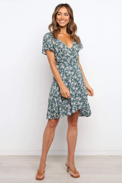 Olive Green Floral Waist Tie Dress