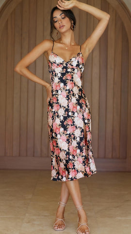 Black Floral Slip Midi Dress