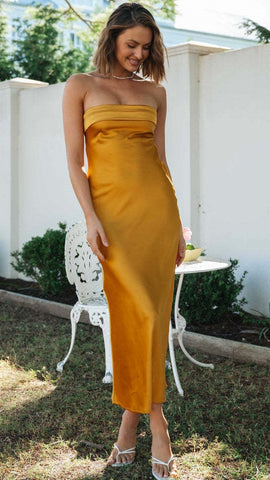 Orange Strapless Bandeau Midi Dress