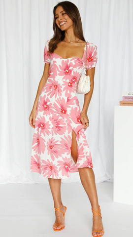 Blush Floral Back Bowtie Midi Dress