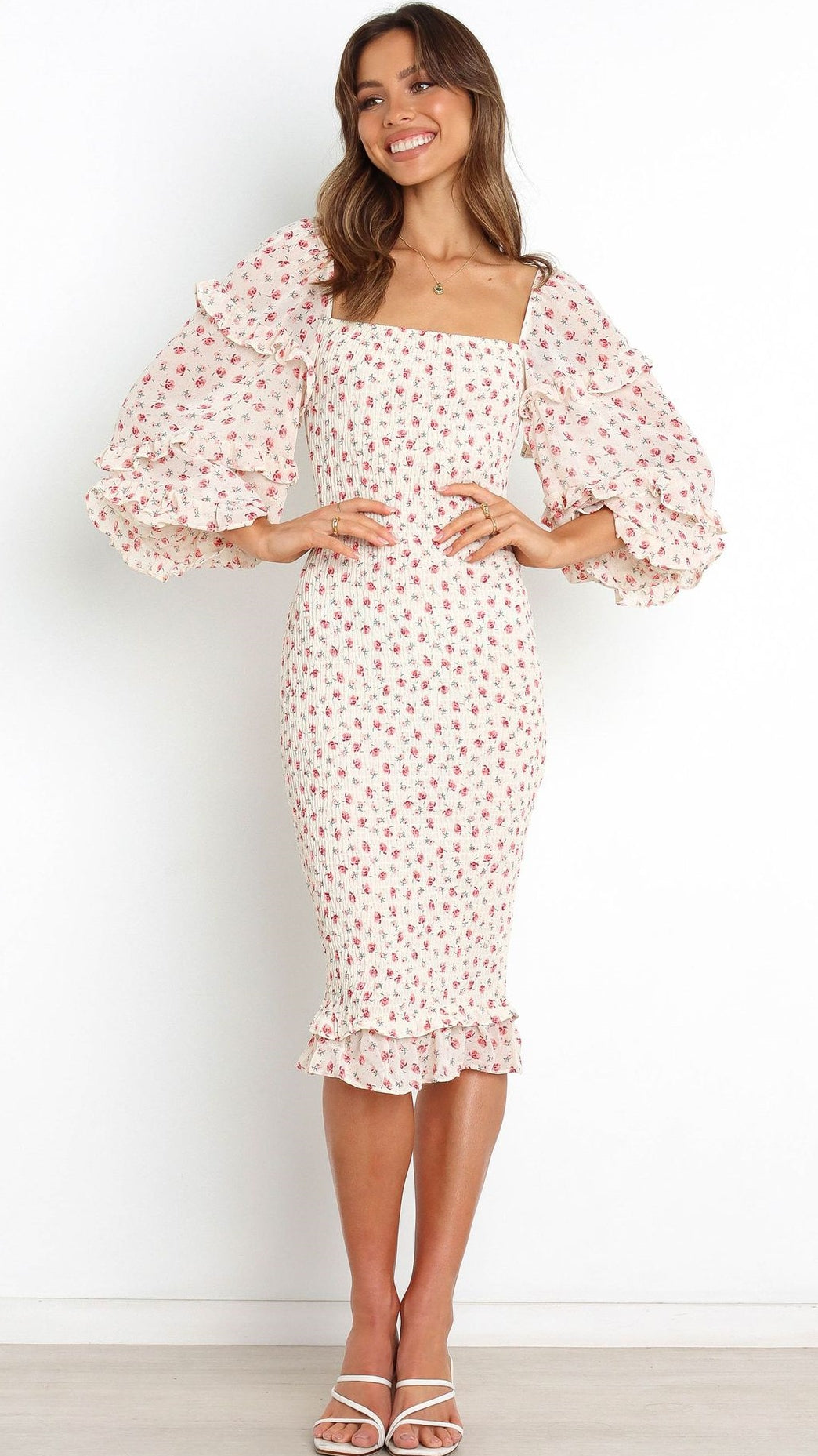 White Floral Bell Sleeves Bodycon Dress