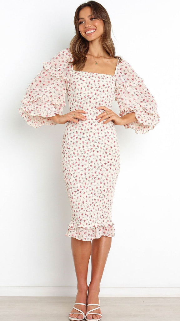 White Floral Bell Sleeves Bodycon Dress Gabi Swimwear White Floral Bell Sleeves Bodycon Dress Gabi Swimwear