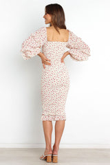 White Floral Bell Sleeves Bodycon Dress