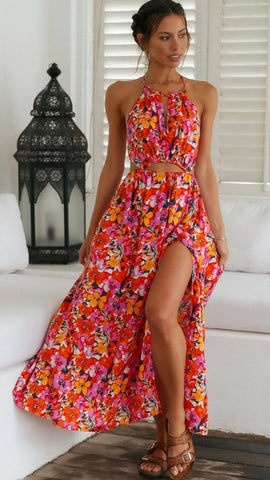 Red Floral Backless Midi Dress