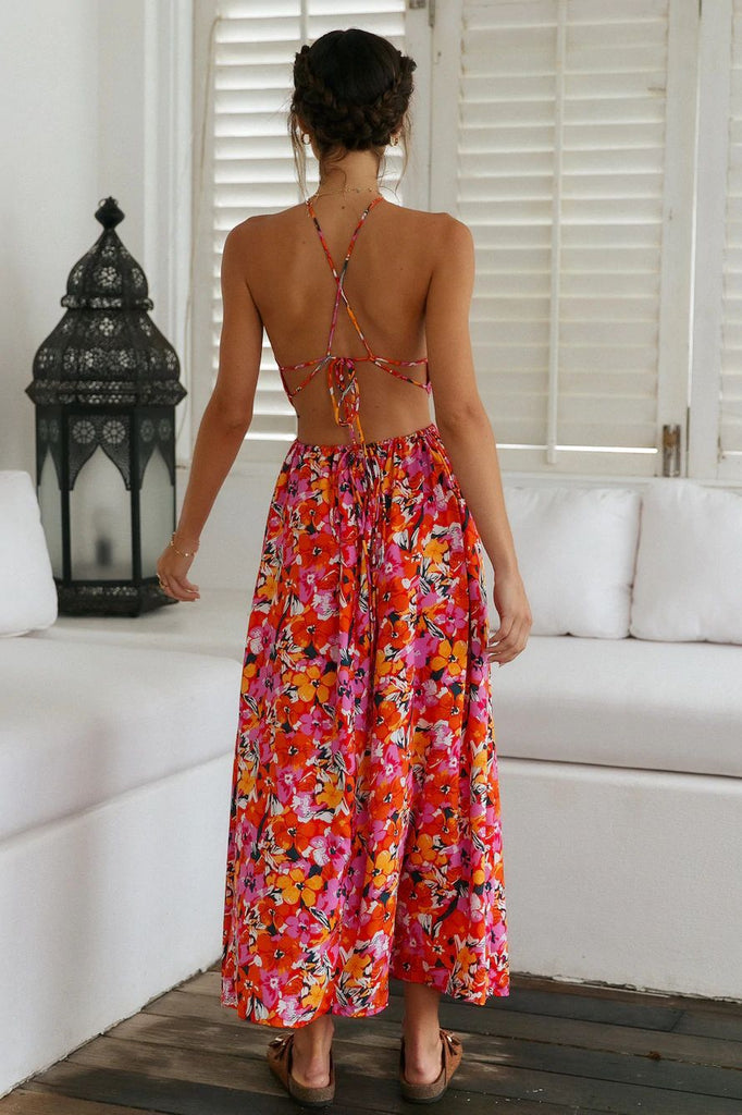 Red Floral Backless Midi Dress Gabi Swimwear Red Floral Backless Midi Dress Gabi Swimwear