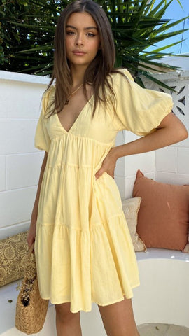 Yellow Solid V Neck Mini Dress